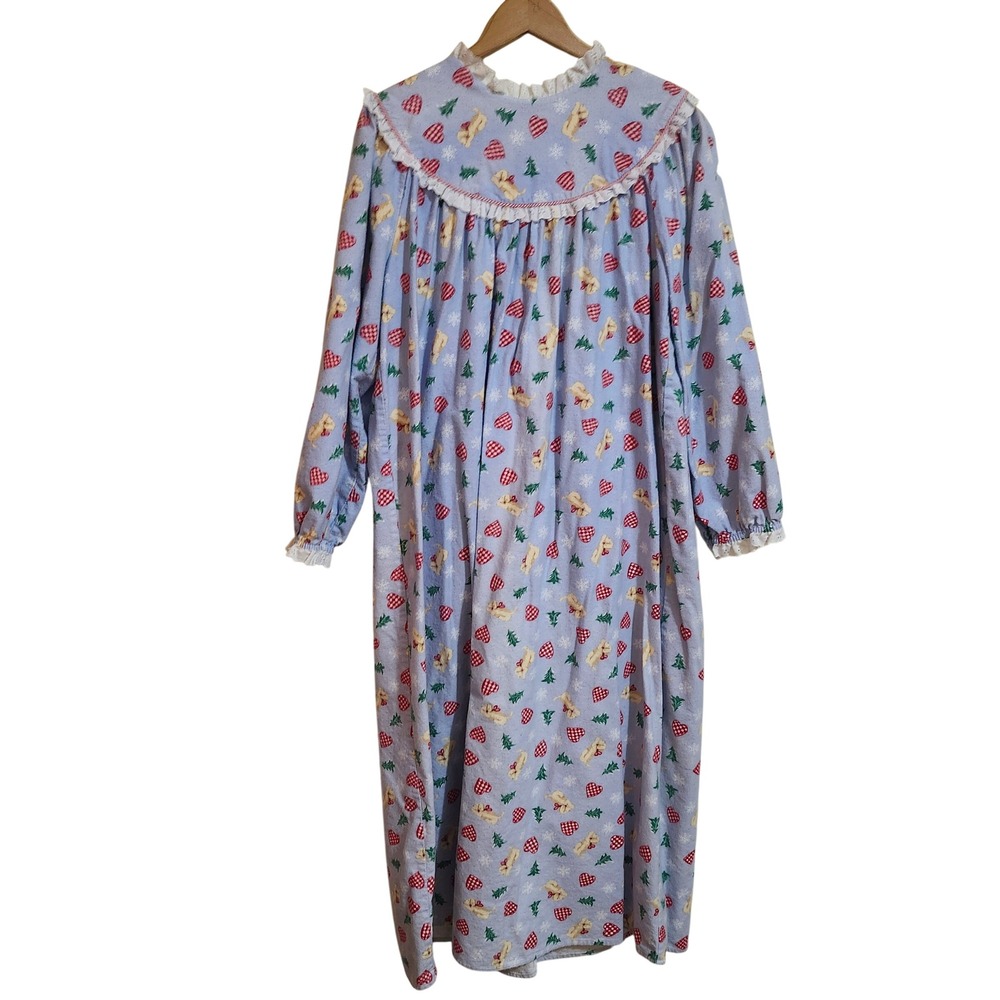 Lanz of Salzburg Nightgown Womens L Blue Christmas Puppy Flannel Eyelet Trim